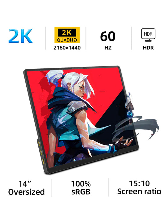 ZSUS 2160*1440 14-inch 2K Portable Monitor 60HZ For Laptop XBox PS4 / 5 Switch TV Box Cell Phone PC Extension Mobile