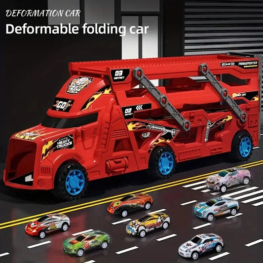 Camión transportador deformable grande para niños, modelo educativo, vehículo de carreras con pista plegable, regalo de cumpleaños para niños y niñas.