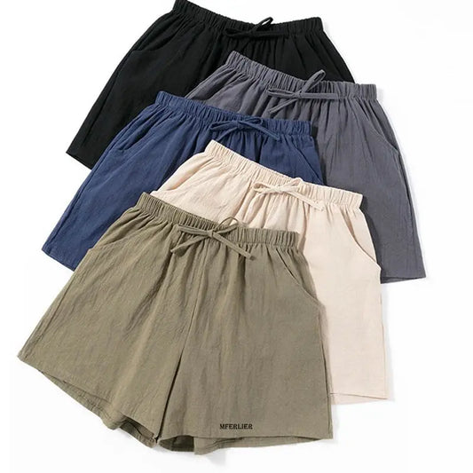 Pantalones cortos casuales de verano de talla grande 6XL 150 kg, de algodón y lino, para mujer, pantalones cortos de playa vintage de cintura alta, ropa de calle.