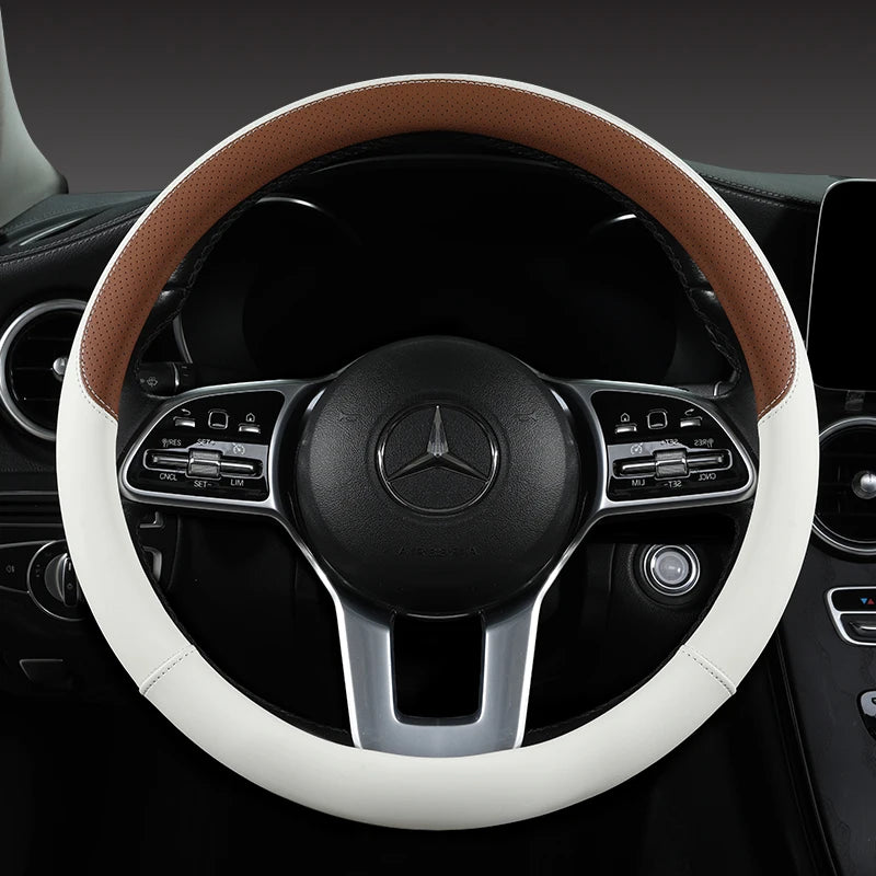 Perforated Nappa Leather Car Steering Wheel Cover Warm in Winter and Cool in Summer, Universal 15 Inch, Anti-Slip, Odorless
