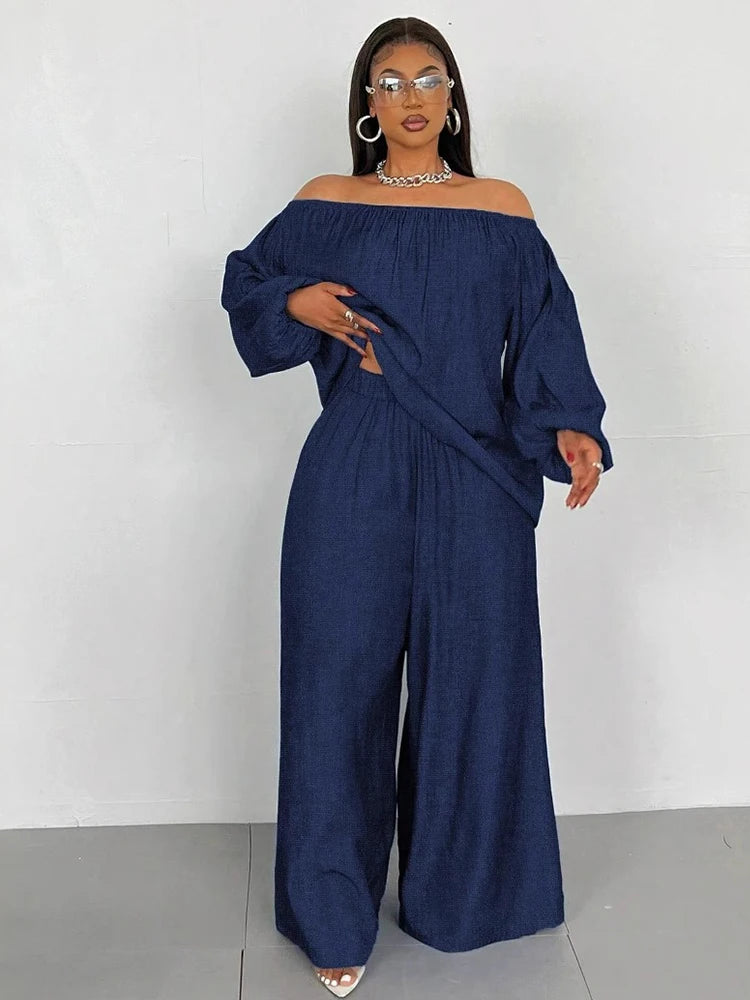 2piece Wide Legs Fake Jeans Suits for Women Plus Size Spring Outfits Off Shoulder Top and Pants Sets Wholesale Dropshipping