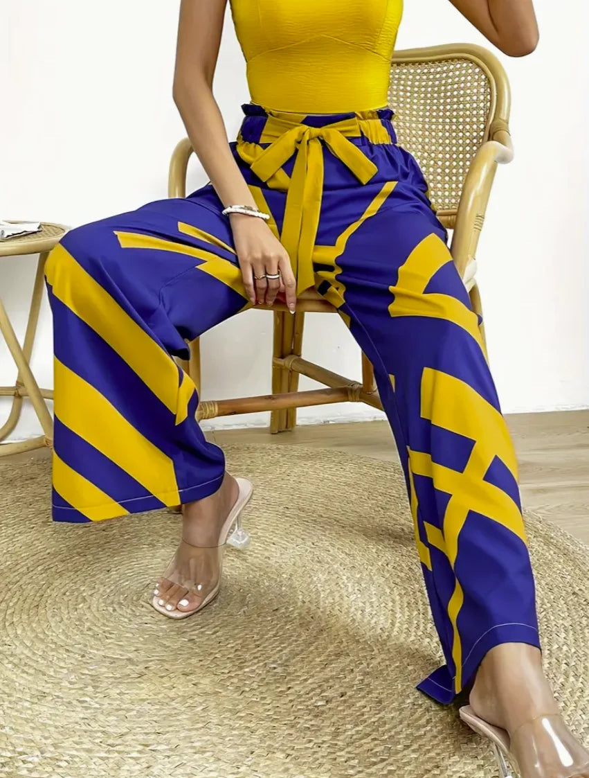 Geometric Pattern Print Wide Leg Pants Casual Loose Bow Front High Waist Pants For Every Day, Women's Clothing