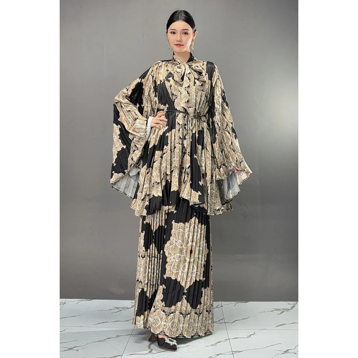 Two Pieces Chinese Style Wide Leg Pants Set Female Full Sleeve Blouse+Matching Trousers Suit Elegant Casual Matching Kit