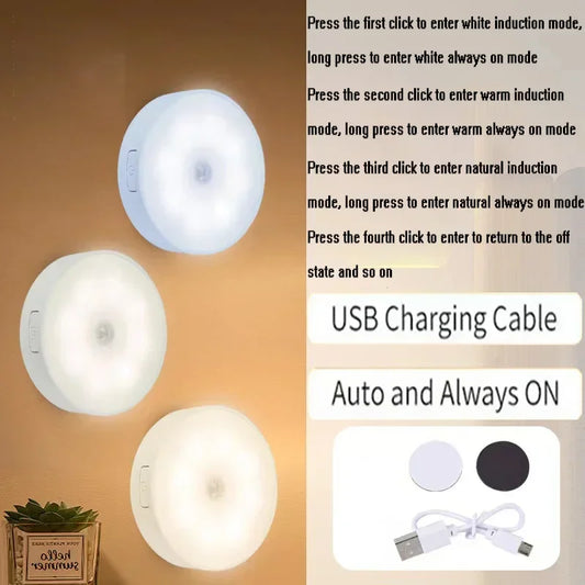 Kit com 2 a 6 unidades de Luz Noturna LED com Sensor de Movimento, Recarregável via USB, 3 Cores de Luz – Ideal para Armários, Guarda-roupas, Escadas e Closets (Sem Fio)