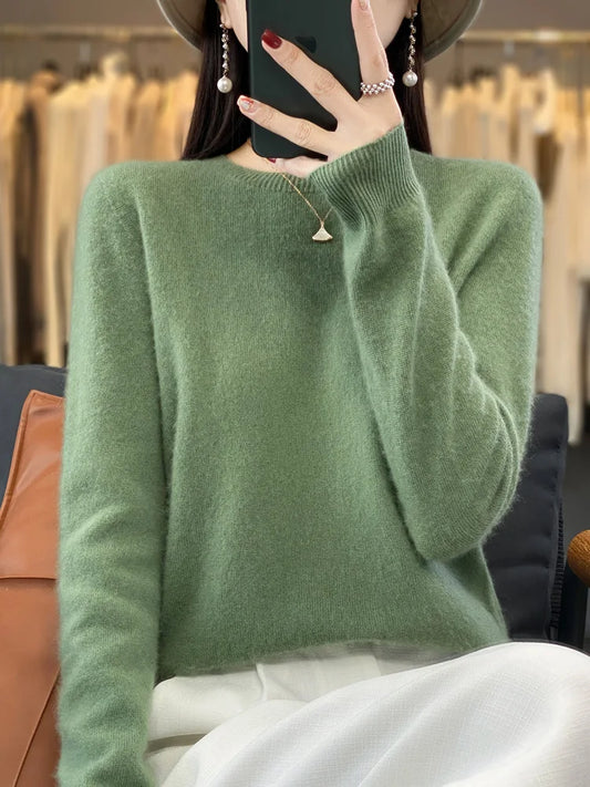 100% Merino Wool Sweater Women O-neck Cashmere Knitwear Female Pullover Autumn Winter Casual Tops Solid Color Soft Clothing
