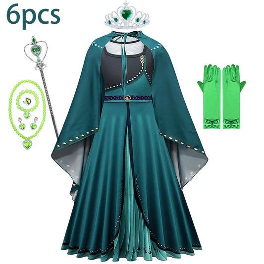 Frozen Green Anna Princess Girls Cosplay Costume Full Long Sleeve Dress With Cloak Carnival Party Kids Clothes Birthday Dress