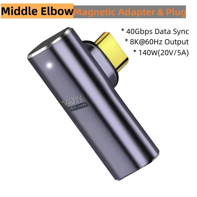 Adaptador Magnético USB C para Tipo C, Carregamento Rápido, Carga Magnética, Cabo Conversor, USB 4.0, 8K @ 60Hz, 140W, 40Gbps