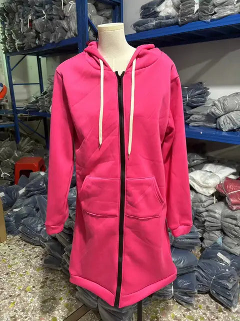 Sudadera con capucha para mujer, otoño invierno 2023, gruesa, holgada, a la moda, color liso, con diseño de bolsillo, sudadera con capucha y cremallera larga
