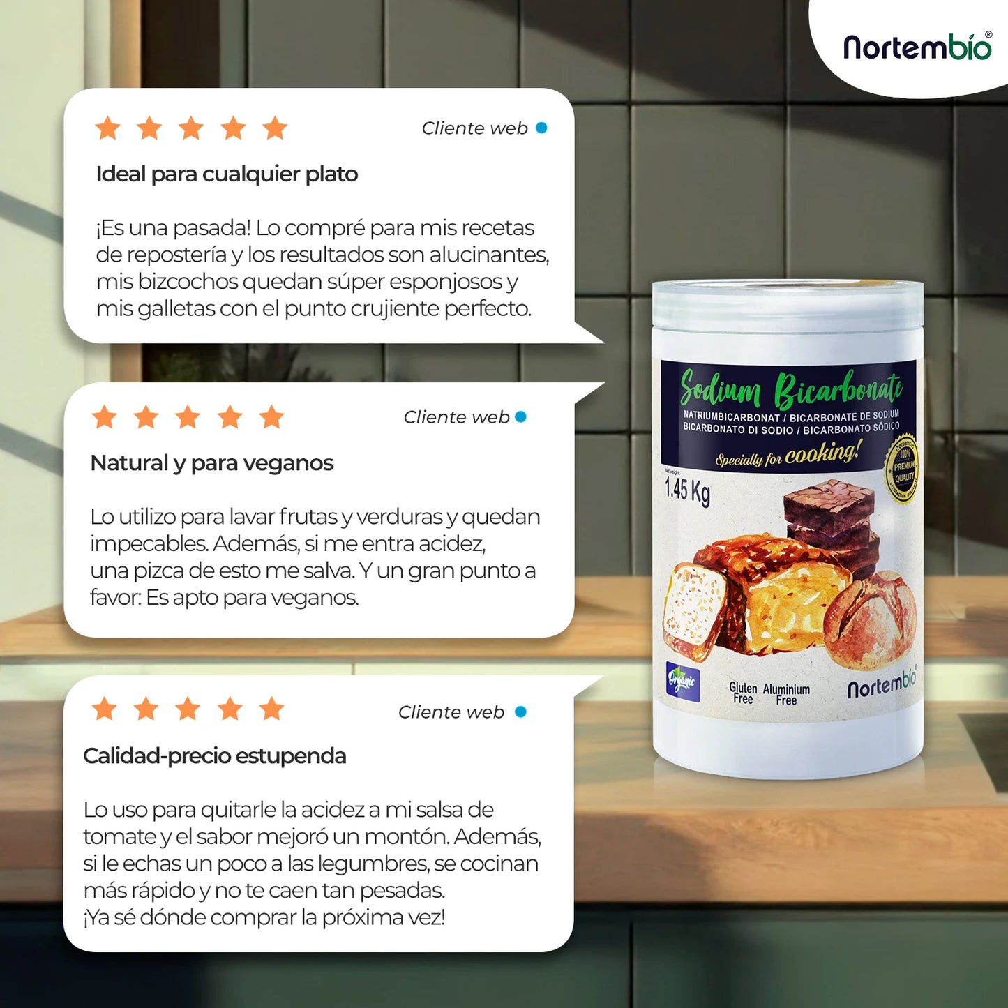 Nortembio 100% natural organic food baking soda 820g | Cooking and pastry | Suitable for vegans, celiacs and vegetarians | E-book included | Without aluminum