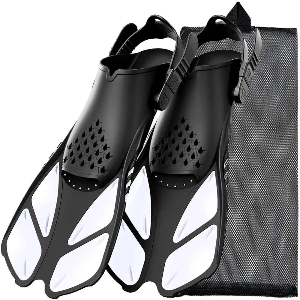 Aletas de snorkel con hebillas ajustables, aletas de natación cortas de silicona, zapatos de buceo con tacón abierto, talla de viaje, para adultos, hombres y mujeres