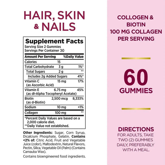 Hair, Skin & Nails Gummy Vitamins - Contains Biotin, Collagen - Promotes Hair Growth, Nourishes Skin, Strengthens NailsSupplemen