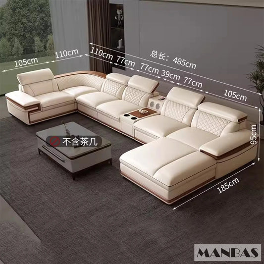 MINGDIBAO Premium Italian Genuine Leather Sofa Set for Living Room with Adjustable Headrests, Bluetooth Speaker, Wireless Charge