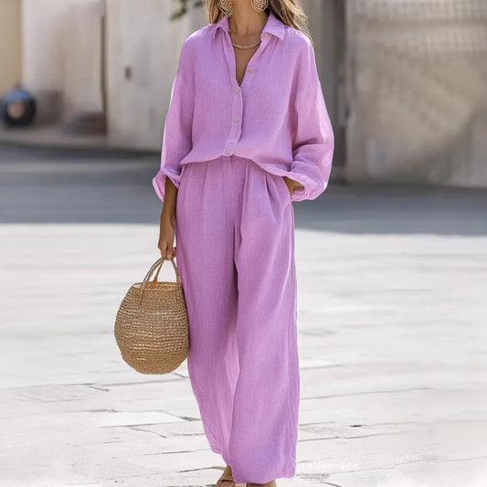 2 pieces women sets 2026 New casual lapel long-sleeved shirt+long pants cotton suit sets women's clothing