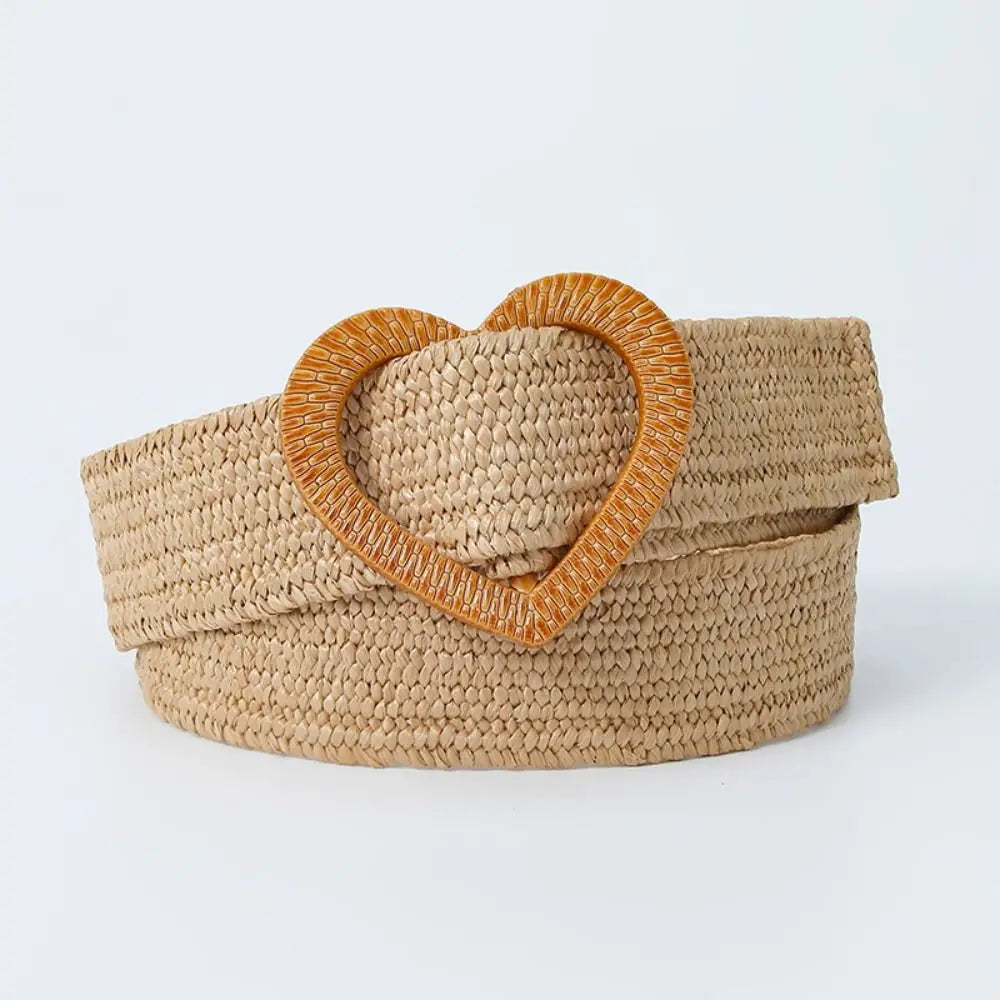 Straw Woven Waist Belt Summer Love Heart Buckle Candy Color Waistband Dress Decoration 4cm Wide Braided Belt