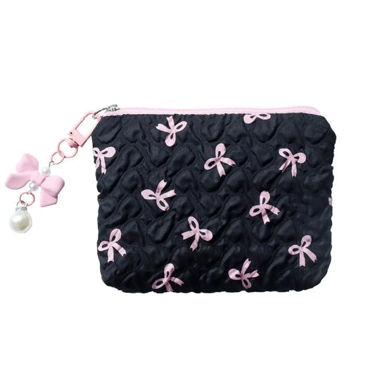 Cotton Makeup Bag for Women Quilted Travel Cosmetic Bag Girls' Make Up Organizer Portable Little Bow Makeup Pouch