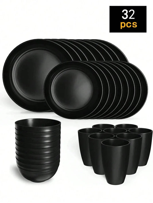 4/16/24pcs Reusable plastic tableware set, including plates, bowls and cups. Suitable for family picnics and school supplies