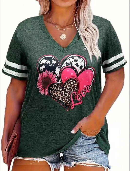 2024 Plus Size Spring/Summer New Love Print Casual Fashion Women's V-Neck Short-Sleeved Loose T-Shirt 5XL 6XL