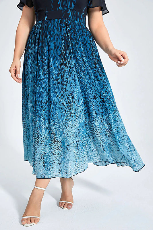 Vestido largo tipo túnica de gasa azul semiformal, con estampado degradado y mangas con volantes, elegante, informal, vintage, para fiesta y verano, talla grande, 2024