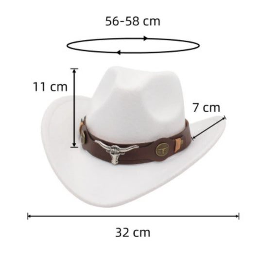 Classic Cattleman Cowboy Hat Retro Bull Head Studded Leather Band Felt Hat Unisex Western Party Cosplay Hat Wide Brim Fedora