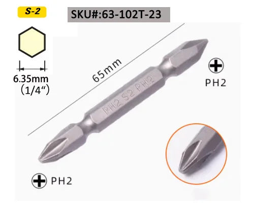 Stanley-Long Precision Screwdriver Bits, Shockproof, Phillips, Slotted, PH2, Drill Bits, 1/4 bit, HRC60, ± 2 S2, 110mm, 65mm