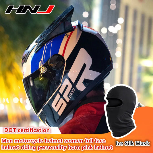 HNJ Men Motorcycle Helmet Women Full Face Helmet Riding Personality Horn Pink Helmet DOT Certification casco moto