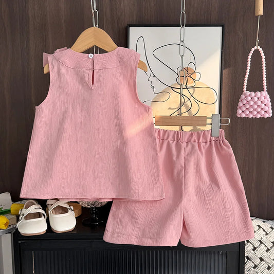 Bear Leader Sweet Pink Girls Clothes Summer Sleeveless Bow Decoration Pleated Vest+Shorts 2Pcst Olid Color Casual Children's Set