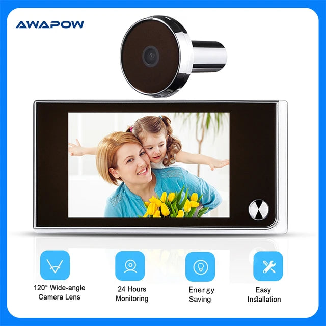 Timbre Awapow de 3,5 pulgadas con mirilla y cámara digital, LCD de 120°, 2 millones de píxeles, HD, para exteriores, con monitor tipo ojo de gato