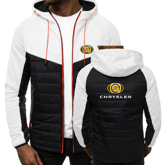 CHRYSLER 2022 Men's New Winter Hooded Cotton Jacket Casual Slim Fit Patchwork Zipper Coat Long Sleeves Warm Oversized Coat Tops