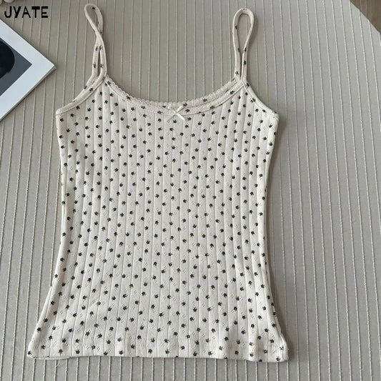 Colete de algodão feminino com estampa floral doce, ilhó com laço cortado coletes casuais com rendas finas regatas, estilo vintage formal, camisola fofa, Y2K