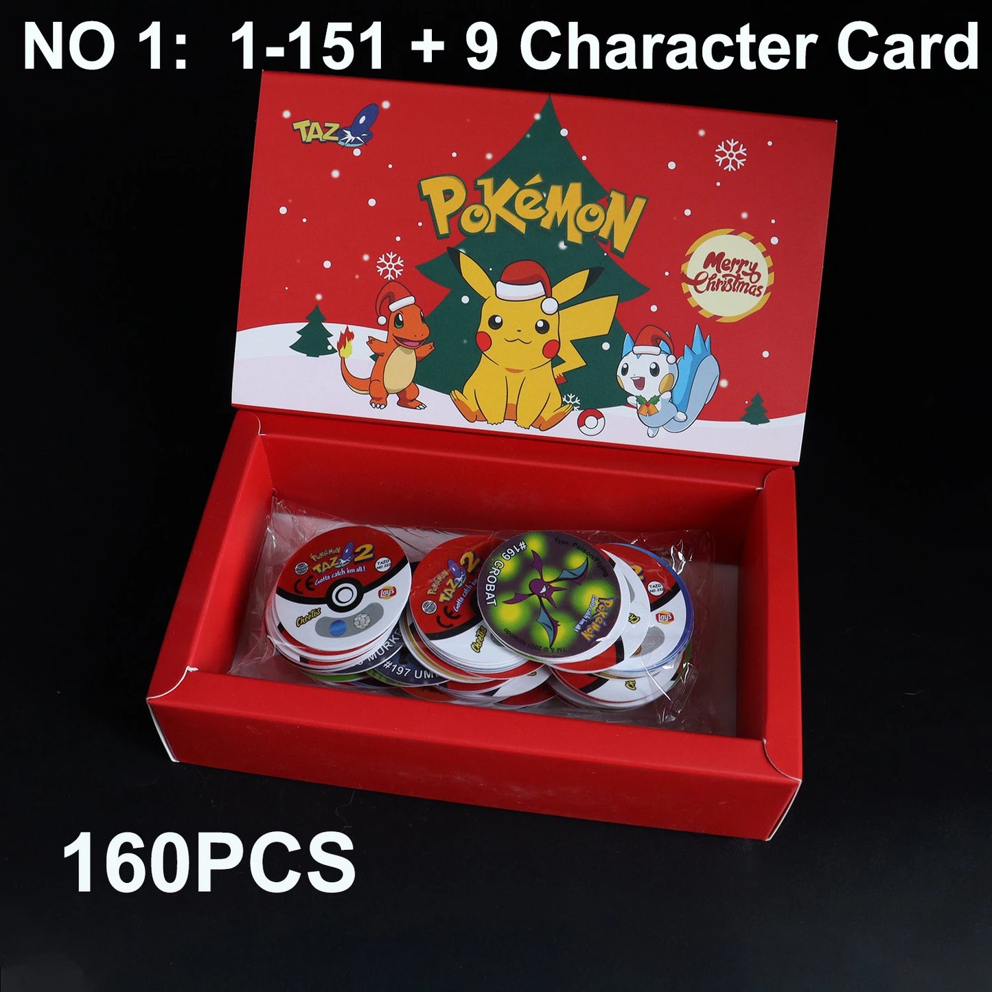 Caja de 100/160 tazos de Pokémon de 1.ª y 2.ª generación, colección de cartas redondas y cuadradas 3D, álbum de entrenadores, Pogs, Cheetos, Chipitaps