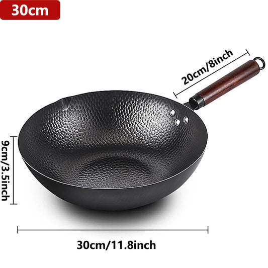 Carbon Steel Wok Pan 32cm Stir-Fry Pans with Wooden Lid Uncoated Flat Bottom Chinese Pan for Induction Electric Gas All Stoves