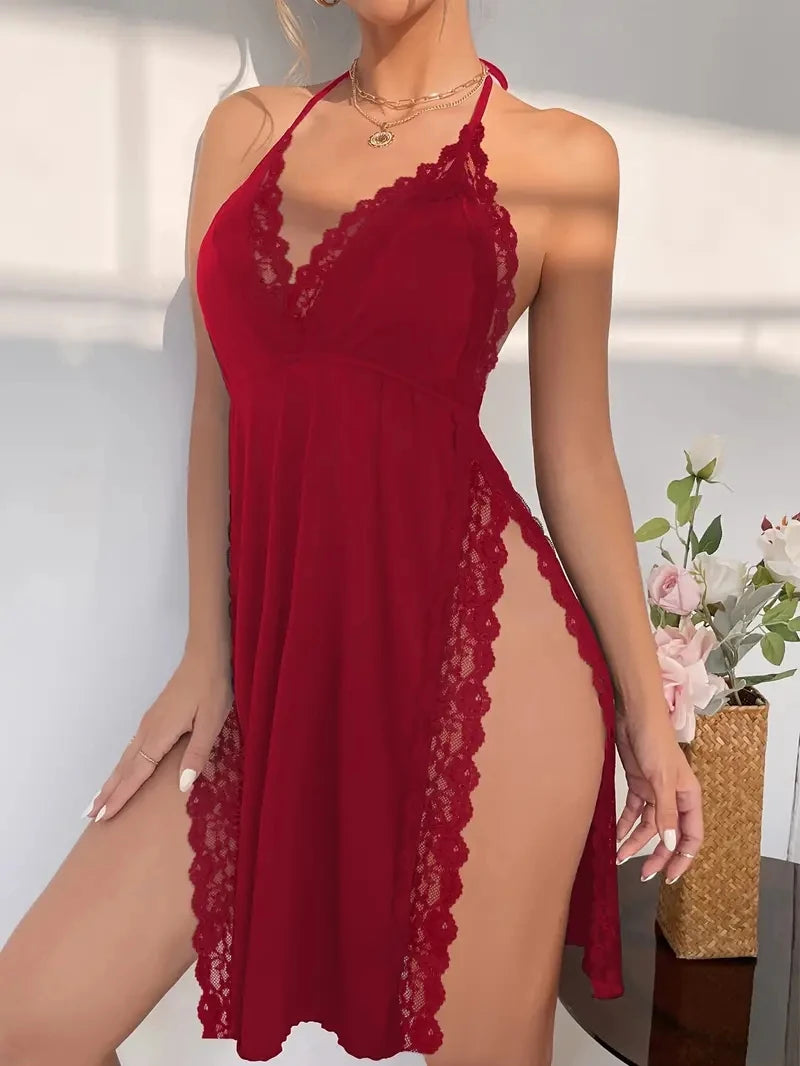 Sexy Women's Nightgown Deep V Lace Halter Nightdress Plus Size Loose Intimates