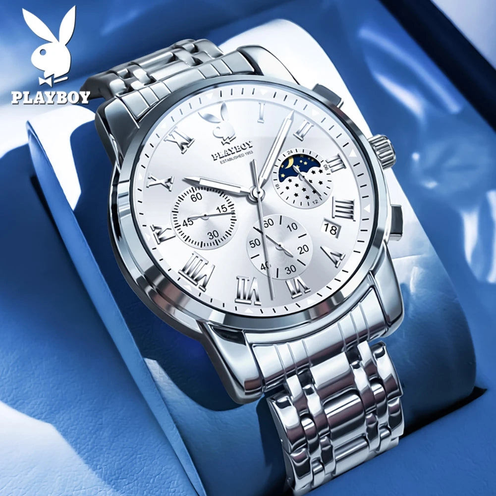 PLAYBOY Best Selling Fashion Luxury Quartz Watch for Men Original Stainless Steel Multifunction Waterproof Men's Wrist Watches
