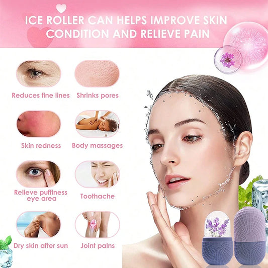 Masajeador de rodillo de hielo de silicona para rostro y ojos: cuidado natural de la piel, refrescante y antibolsas, reutilizable y calmante.