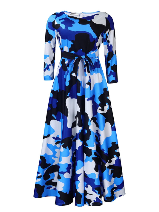 Women's 2024 Autumn New Style Fashionable Elegant Temperament Printed Strap Waist Large Skirt Plus Size Dress