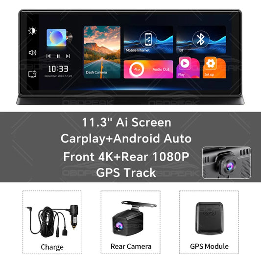 K2 Pro 11.3" Car DVR 4K Camera Wireless Carplay Android Auto AI Screen Dash Cam Dual Lens Video Recorder GPS Navigation Dashboard