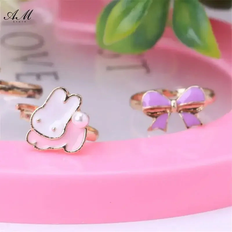10 Pcs Adjustable Alloy Baby Girl Rings with Heart Shaped Box Cartoon Mix Finger Jewellery Rings Kid Girls Toys Random Color