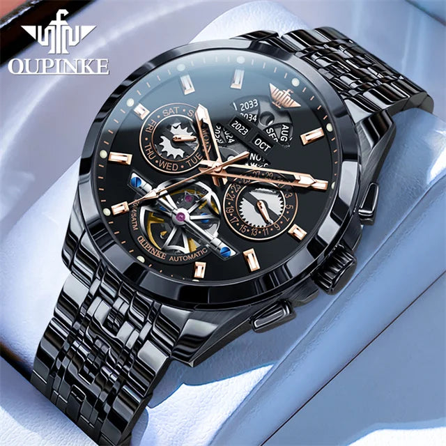 OUPINKE 3251 Skeleton Flywheel Automatic Watch for Men Stainless Steel Waterproof Wristwatch Luxury Sapphire Mirror Men's Watch