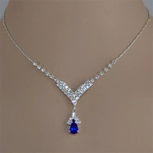 Fashion Blue Green Red Colorful Water Drop Rhinestone Women's Necklace Silver Inlaid Zircon Pandente Women's Accessories