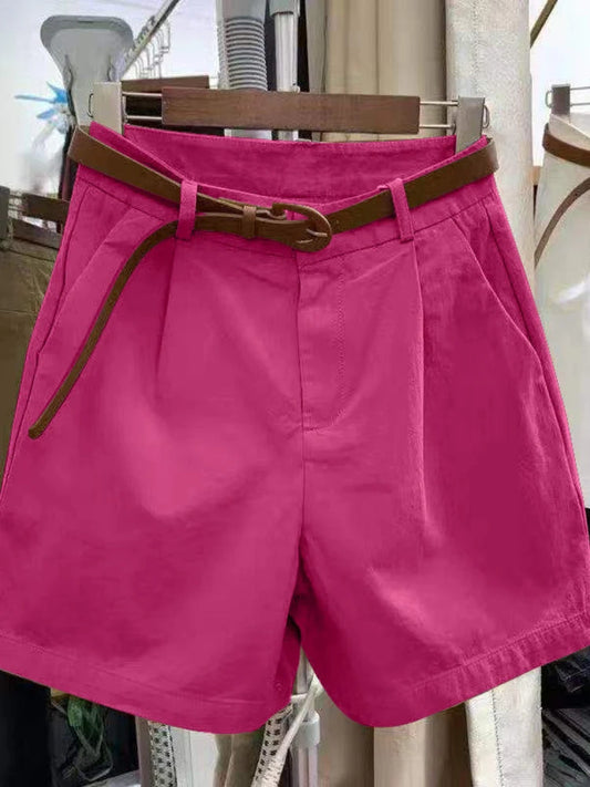 Pantalones cortos de algodón de verano para mujer, estilo coreano, holgados, informales, de pierna ancha, con cinturón, color liso, rosa y rojo, ropa femenina