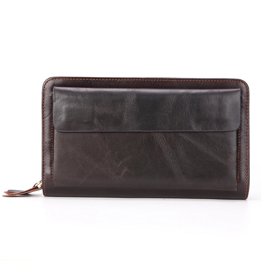 Men's Long Handbag Business Vintage Cow Leather Man Wallet Brand Long Wallet For Man Oil Wax Double Zipper Bag Male Purse