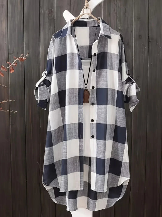 Plus Size Women's Blouses 2025 New Loose Vintage Stripe Plaid Shirt Lightweight Long Sleeve Travel Wear Elegant Top Korean Style