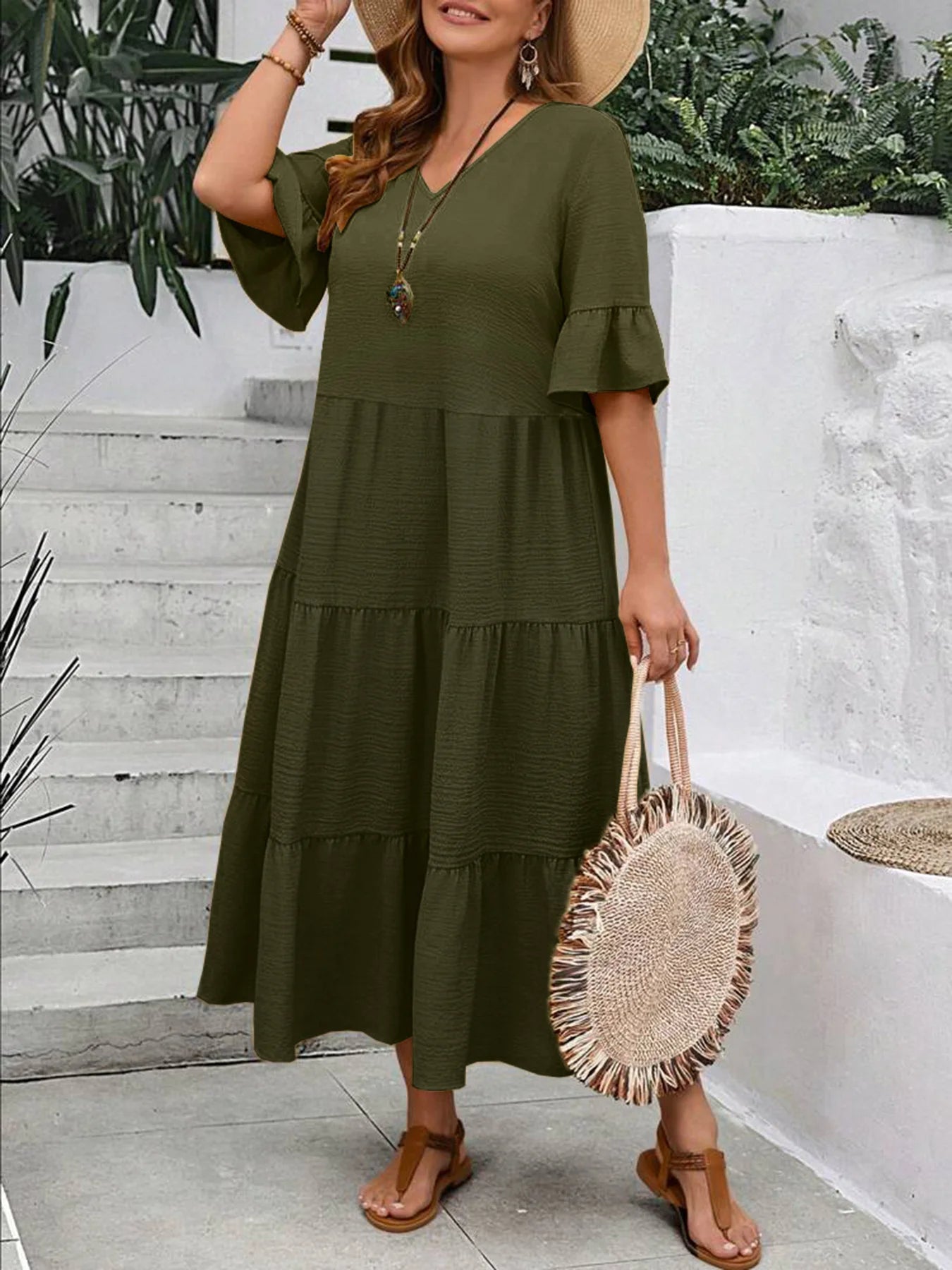 Multi Color v-Neck longo Swing Dress, Plus Size, Multi Color, Plus Size, Amazon, Europa e América, Novo, Primavera e Verão, 2022