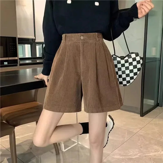 Calção de veludo de cintura alta feminino, casual, calça pequena de perna larga, calça básica versátil, outono, inverno