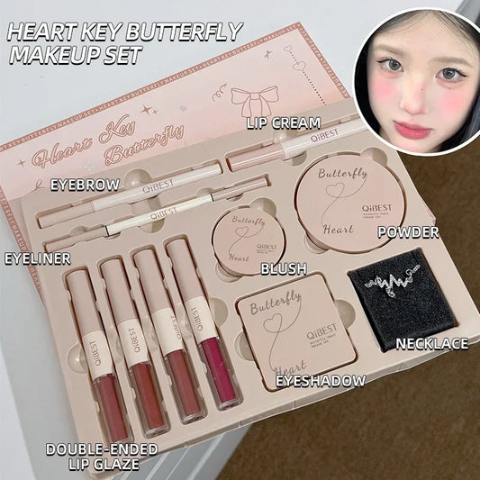 QIBEST Multipurpose Makeup Set 4pc Double Head Lip Glaze, Face Pressed Powder,Blusher,Eyeshadow, Eyebrow Pencil,Eyeliner,Lip Oil