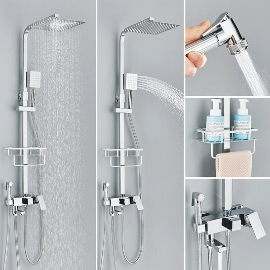 Kit de grifo de ducha de baño tipo lluvia con bidé, sistema de grifo mezclador de agua fría y caliente de acero inoxidable montado en la pared con rejilla y caño de bañera.