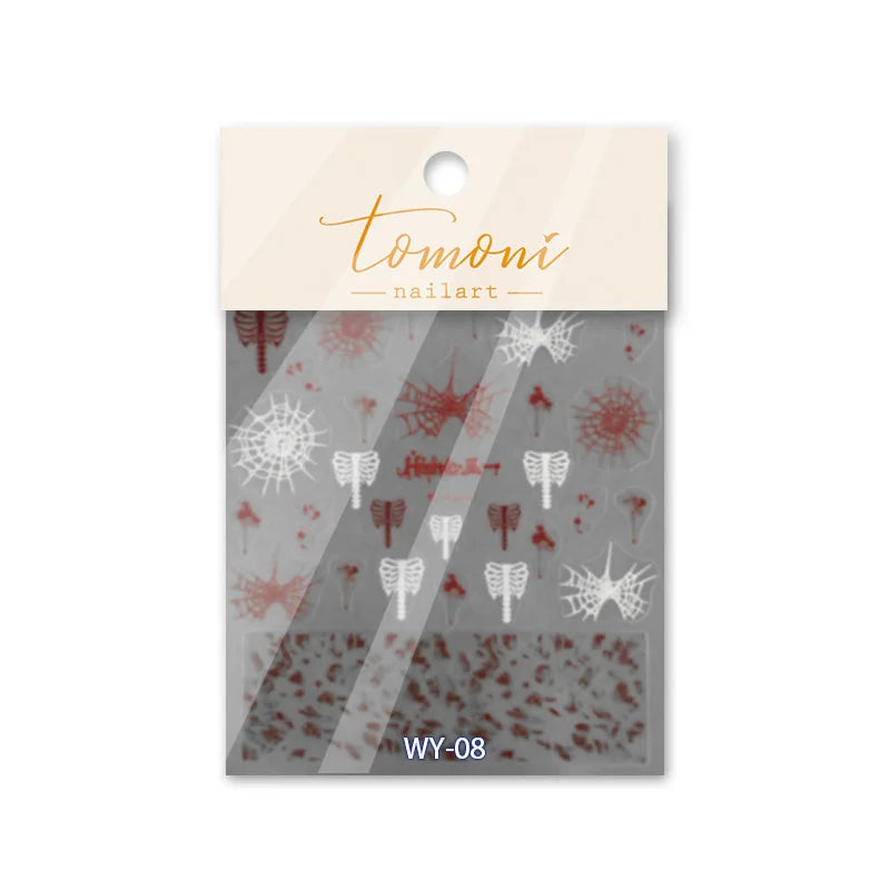 1 Sheet 5D Realistic Dark Series Demon Kiss Bloody Skull Tooth Eye Web Cross Adhesive Nail Art Stickers Decals Manicure Charms
