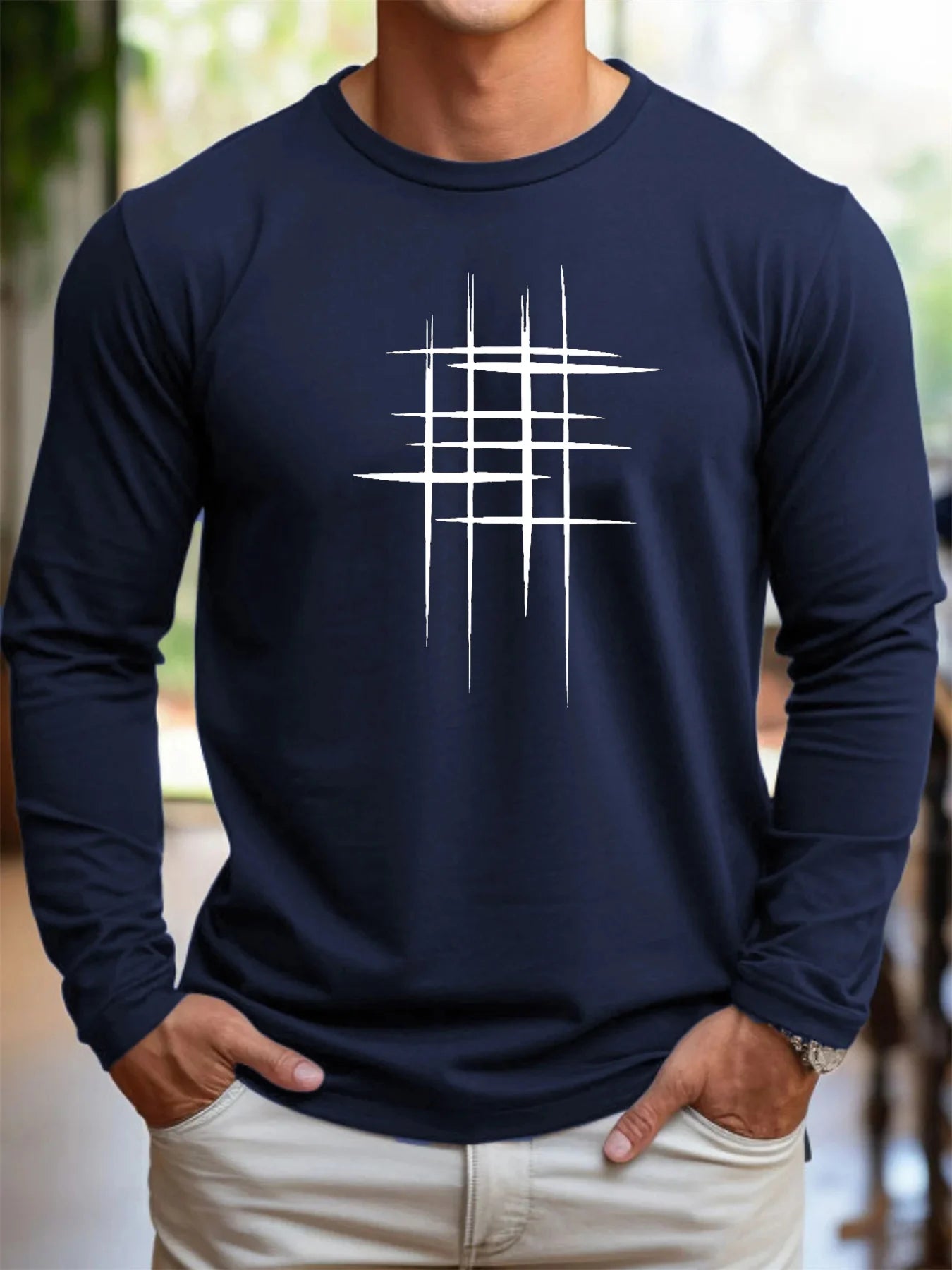 Men's 100% pure cotton loose fit comfortable sports and leisure creative line pattern printed round neck long sleeved T-shirt