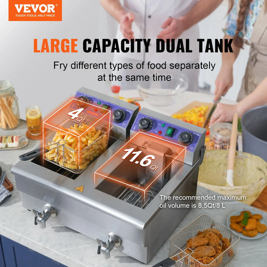 VEVOR Commercial Electric Deep Fryer w/Dual Tanks 12L Countertop Fryer w/Oil Filter and Timed for Fried Chicken French Frie