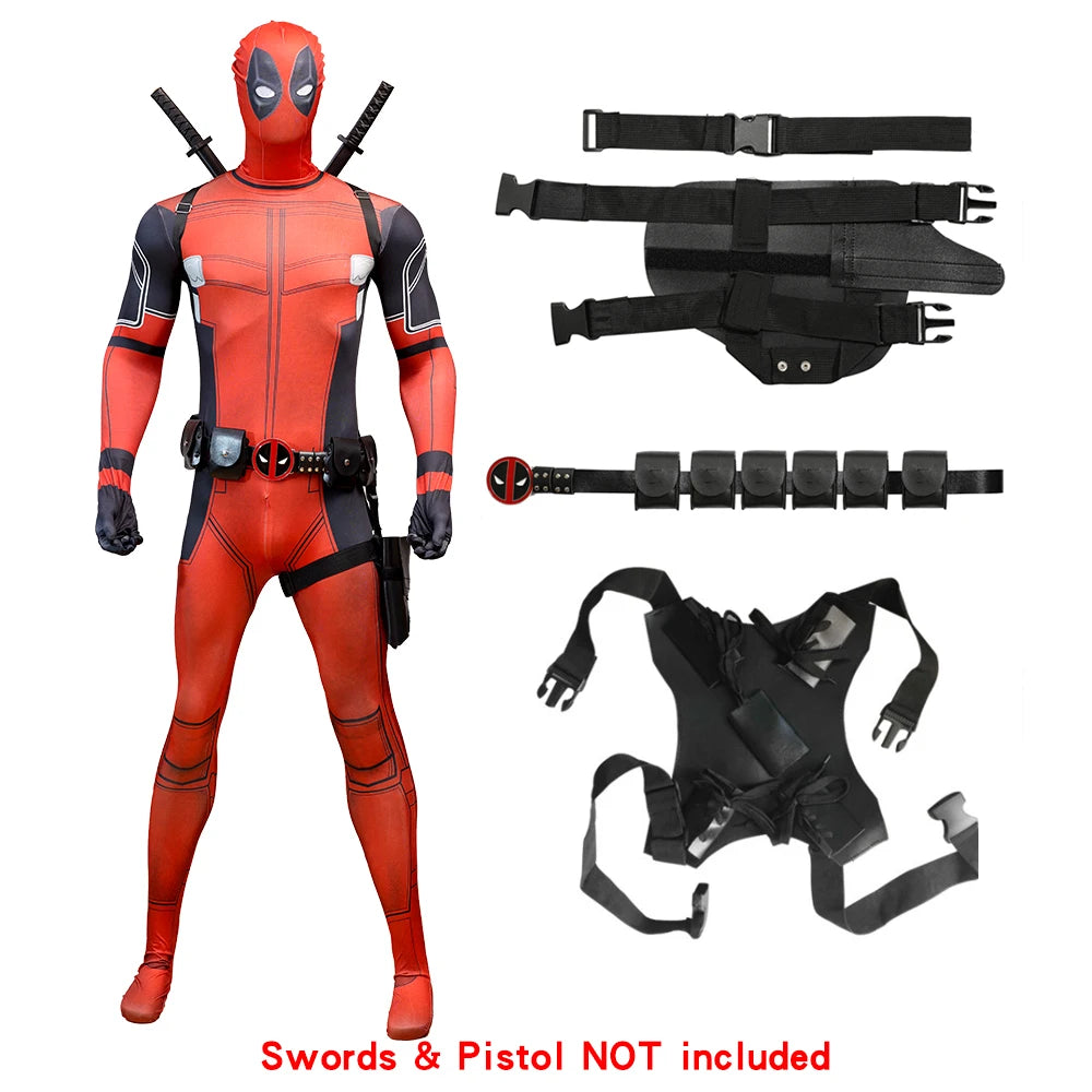 Disfraz de MARVEL Deadpool para niños y adultos, traje de superhéroe, mono con máscara, accesorios ricos, ropa de fiesta